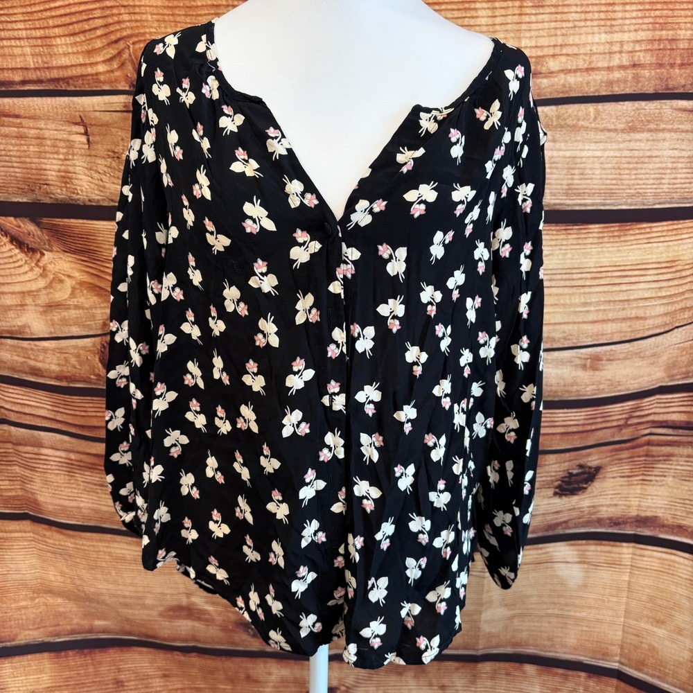 Sanctuary Womens Long Sleeve Business Casual Black Floral Sheer Blouse Size XS
